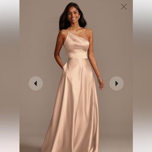 one shoulder satin a-line long bridesmaid dress